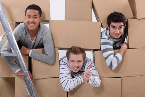 Packed office furniture and equipment ready for a Notting Hill move