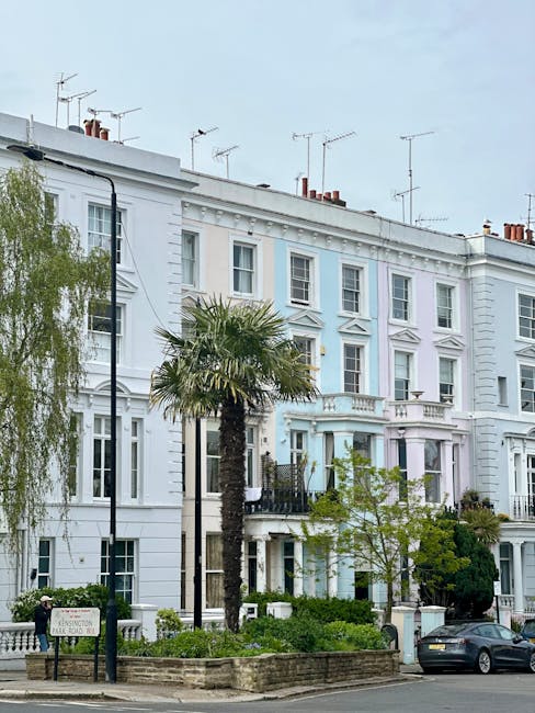A row of white, multi-storey terraced houses on a residential street in Notting Hill, London, with decorative mouldings and classic Georgian-style windows. Several television antennas are mounted on the rooftops, and a prominent tall palm tree stands in front of one building, surrounded by smaller trees and greenery. A black lamppost is visible on the pavement, alongside a low brick wall and a sign indicating local parking regulations. In the foreground, a parked dark grey car is positioned on the street, while part of a parked van is also seen slightly out of frame. The scene suggests a typical London neighbourhood, with this particular image suited to illustrating house relocations or furniture transport services, contextualised within the setting of the area governed by Kensington & Chelsea Council's permit rules for Notting Hill moves. The lighting appears natural, indicating daytime conditions, and no people are visible in the image.